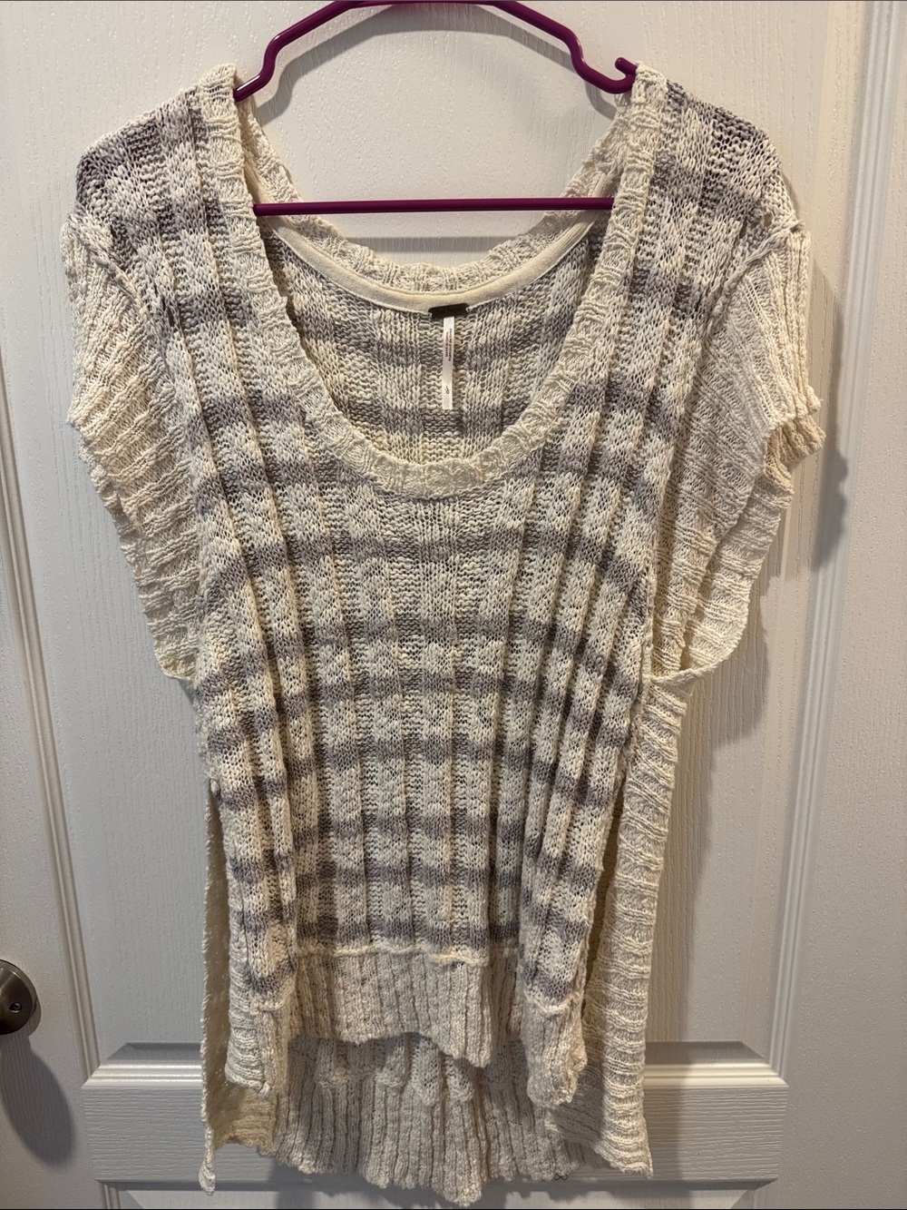 Free People Cream and Gray Striped Scoop Knit Top